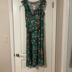 Floral Ruffle Neck Green Maxi Dress